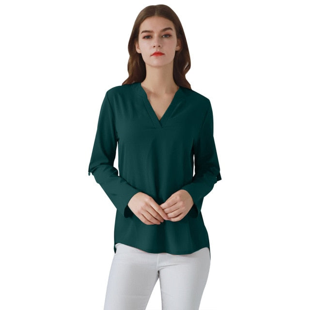 Women's Chiffon Long Sleeve Solid Blouse V Neck Top Size  S-3XL