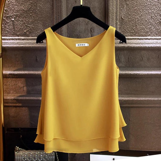 Women's Sleeveless Chiffon  Solid V-neck Casual Top Size S-5XL