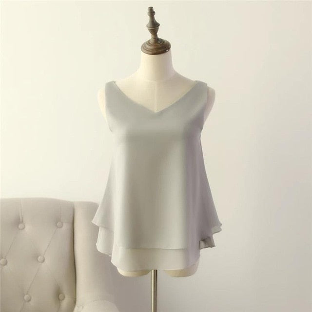 Women's Sleeveless Chiffon  Solid V-neck Casual Top Size S-5XL