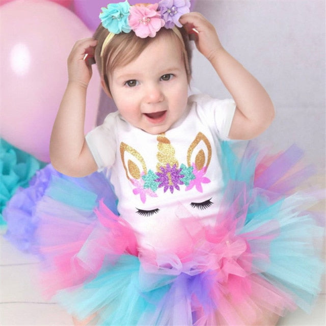 Baby Girl's First  Birthday Party Tutu Dress Romper+Tutu Skirt