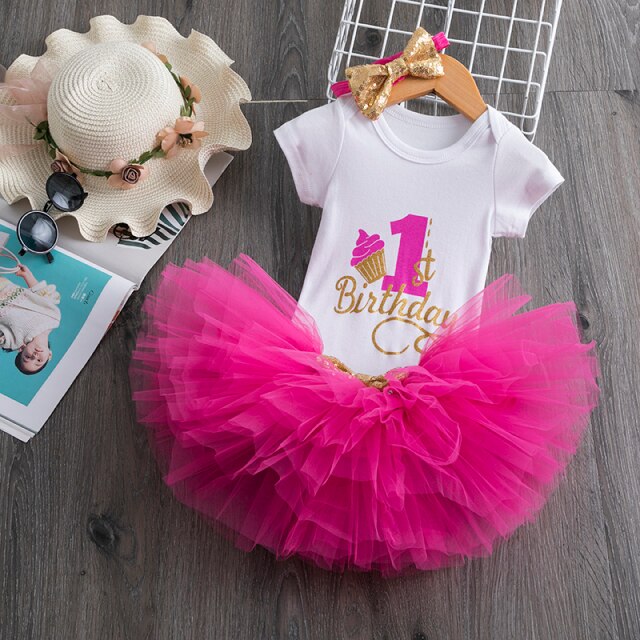 Baby Girl's First  Birthday Party Tutu Dress Romper+Tutu Skirt