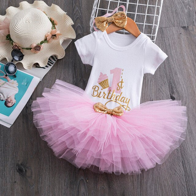 Baby Girl's First  Birthday Party Tutu Dress Romper+Tutu Skirt