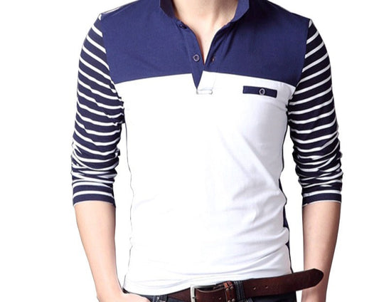 Men’s Long Sleeve Cotton Elastic Slim Fit V-Neck Stripe T-Shirt Size M-5XL