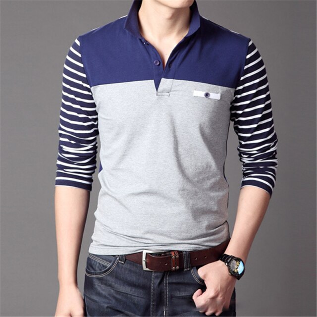 Men’s Long Sleeve Cotton Elastic Slim Fit V-Neck Stripe T-Shirt Size M-5XL
