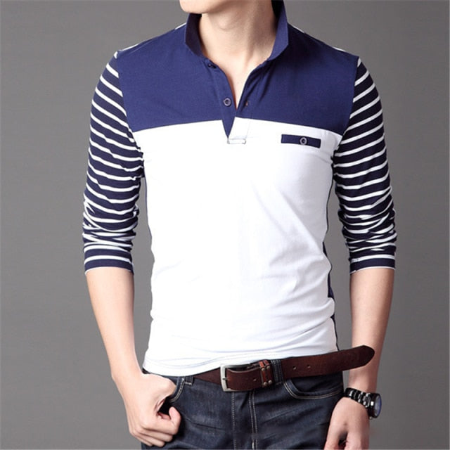 Men’s Long Sleeve Cotton Elastic Slim Fit V-Neck Stripe T-Shirt Size M-5XL