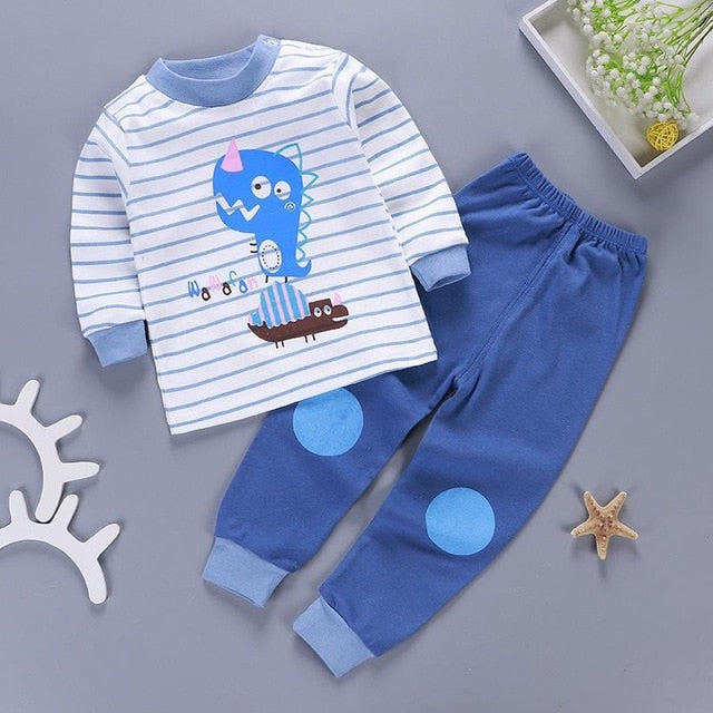 Children's Boy Girl Cotton Long Sleeved Tshirt + Pant Sleepwear Set