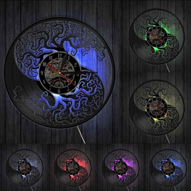 Feng Shui Yin and Yang Tree Of Life Vinyl Wall Clock With Or Without LED Light Width 30cm