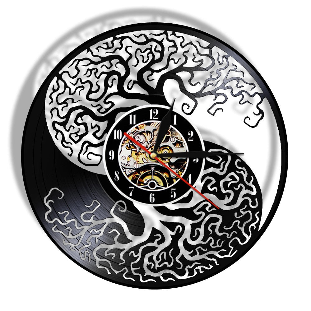 Feng Shui Yin and Yang Tree Of Life Vinyl Wall Clock With Or Without LED Light Width 30cm