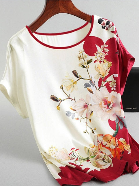 Women’s Floral Print Silk Satin Blouse With Batwing Sleeves