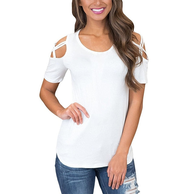 Women’s Short Sleeve Casual Cold Shoulder T-Shirt Size S-5XL
