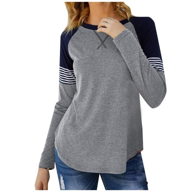 Women's Casual Color Block Round Neck Long Sleeve Loose Pullover Size S-XXL