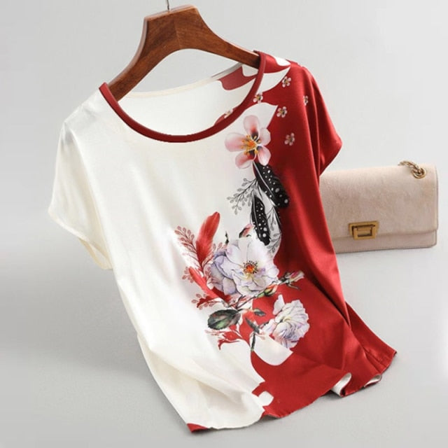 Women’s Floral Print Silk Satin Blouse With Batwing Sleeves