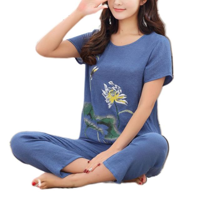 Women's Pajamas Set Floral Print Short Sleeve Tops Capri Pants Size XL-4XL