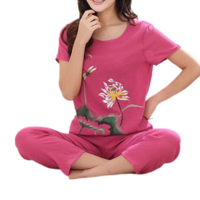 Women's Pajamas Set Floral Print Short Sleeve Tops Capri Pants Size XL-4XL