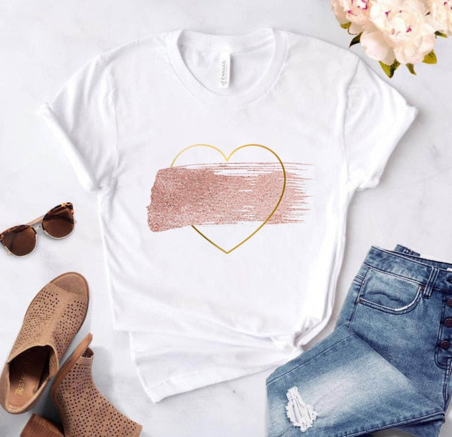 Women’s Heart Print Casual O-Neck Short Sleeve T-Shirt Size S-4XL