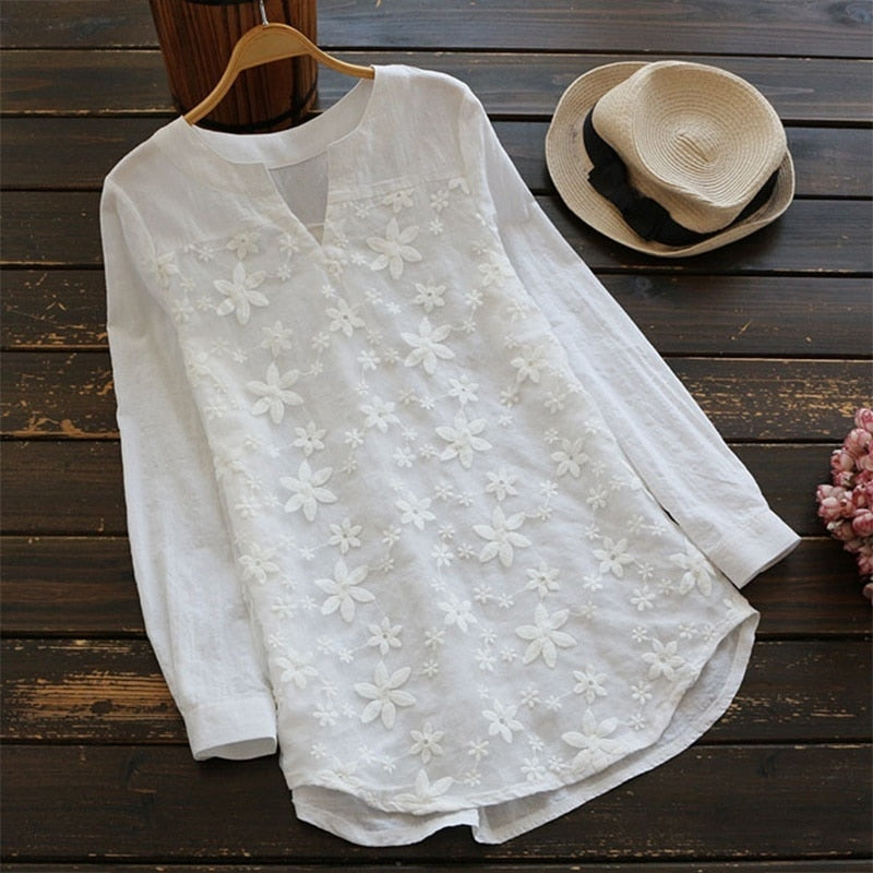 Women's Loose Long Sleeve White V-neck Lace Top Size S- 5XL