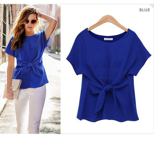 Women’s  Kimono Bowknot O-neck Short Sleeve Casual Chiffon Tops