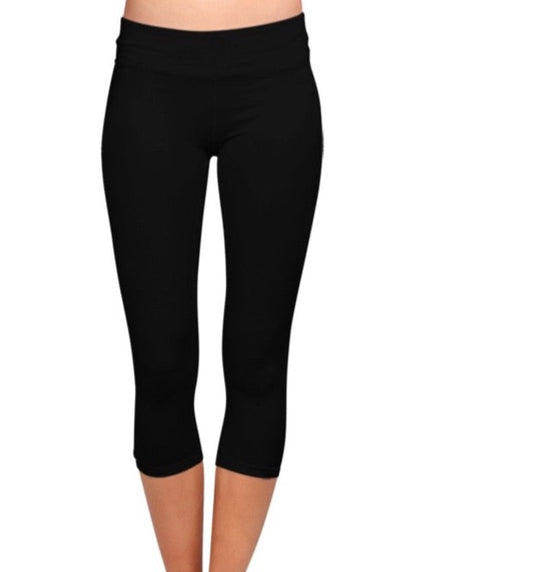 Women’s High Waist  Fitness Capri Solid Black Elastic Mid-Calf Pants Size S/M/XL/3XL