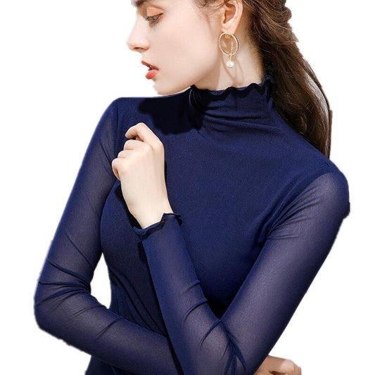 Women’s High Collar Long Sleeve Tight Mesh Top