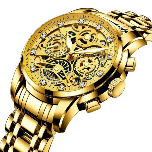 Men’s Watches Tourbillon Rotating Window Fashion Quartz Waterproof Gold Steel Watch
