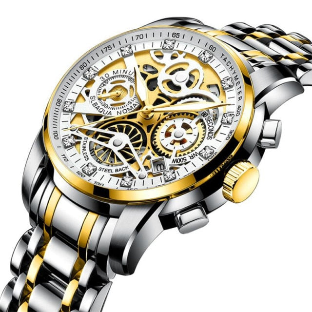 Men’s Watches Tourbillon Rotating Window Fashion Quartz Waterproof Gold Steel Watch