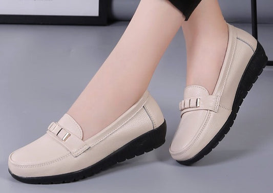 Women's Genuine Leather Non-Slip Solid Color Flat Shoes Size 6-11