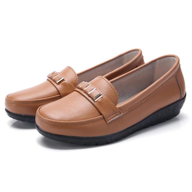 Women's Genuine Leather Non-Slip Solid Color Flat Shoes Size 6-11