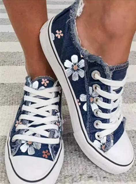Women's Canvas Fashion Flowers Casual Lace Up Flat Shoes Size  35-43