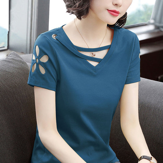 Women’s V - Neck Short-Sleeved T-shirt With Hollow Cut Out