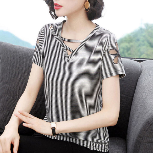 Women’s V - Neck Short-Sleeved T-shirt With Hollow Cut Out