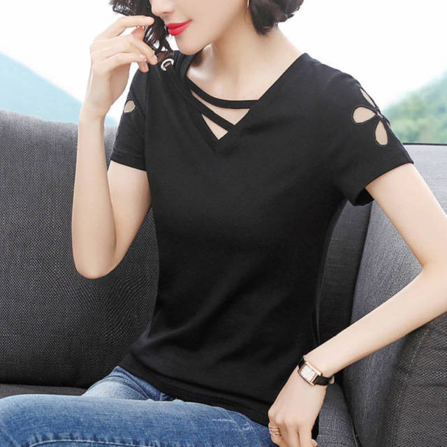 Women’s V - Neck Short-Sleeved T-shirt With Hollow Cut Out
