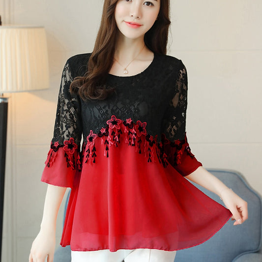 Women's Mesh Stitching Chiffon Casual Lace Top Size S-5XL