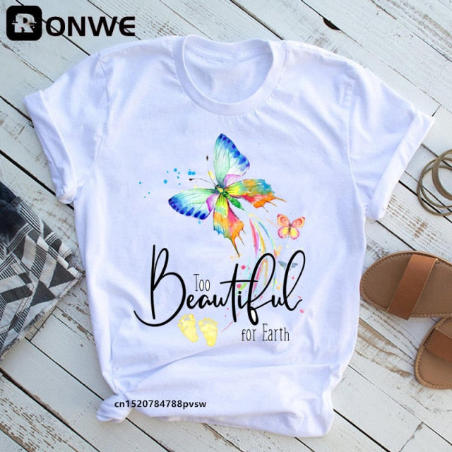 Women’s Butterfly Tree Print Casual Round Neck Short Sleeve T-Shirt Size S-3XL