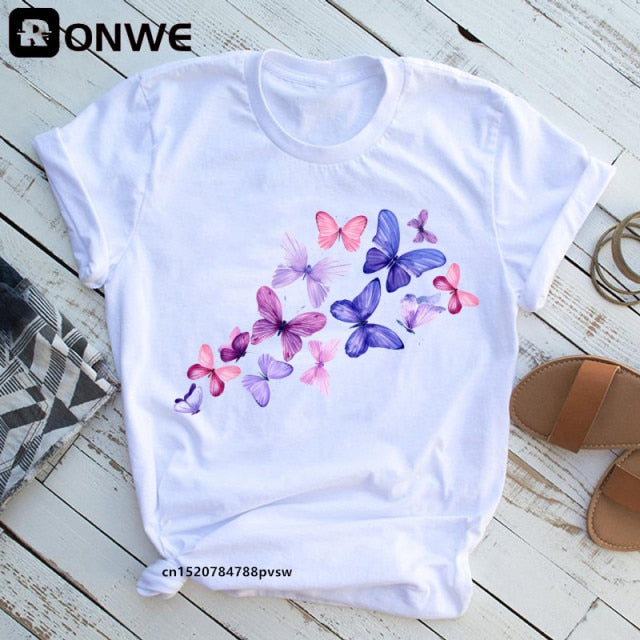 Women’s Butterfly Tree Print Casual Round Neck Short Sleeve T-Shirt Size S-3XL