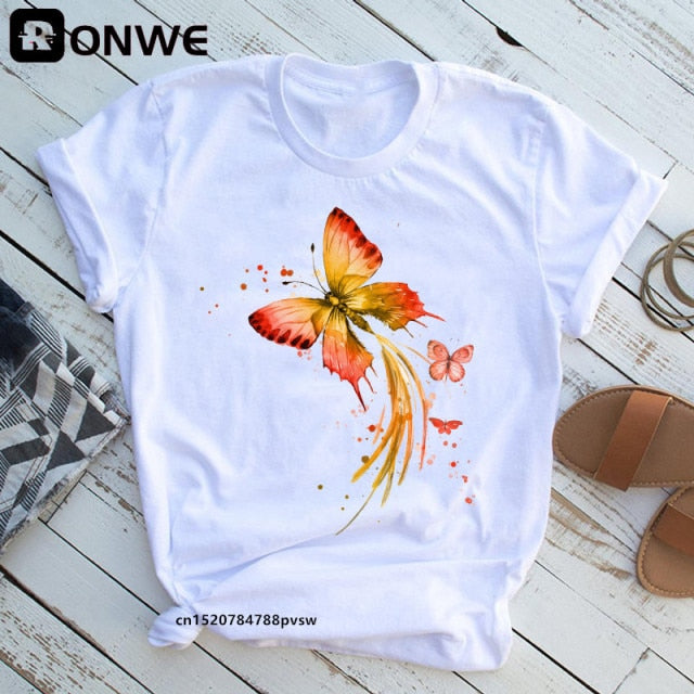 Women’s Butterfly Tree Print Casual Round Neck Short Sleeve T-Shirt Size S-3XL