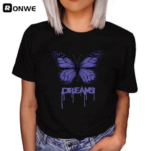 Women’s Butterfly Tree Print Casual Round Neck Short Sleeve T-Shirt Size S-3XL