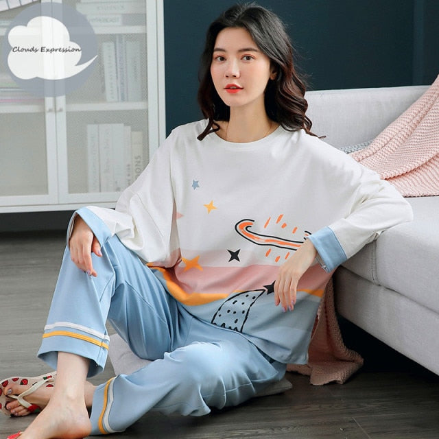 Women's Pajama Long Sleeve Cotton Sleepwear Size M-3XL