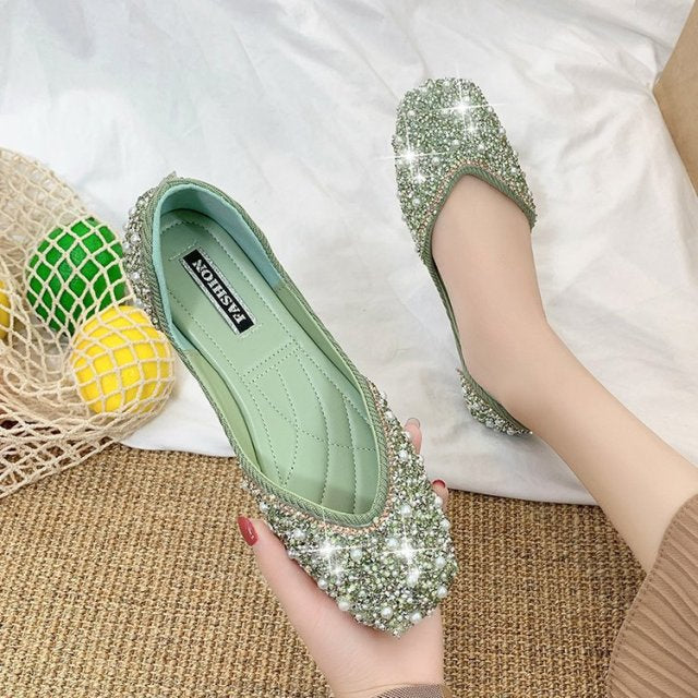 Women's Glitter Crystal Pearl Square Toe Slip On Shallow Cut Ballet Shoes Size 35-40