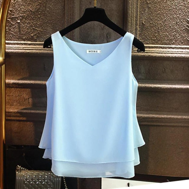 Women's Summer Sleeveless Chiffon Solid V-neck Casual Top Size S-5XL