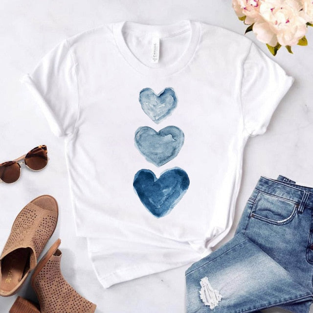 Women’s Heart Print Casual O-Neck Short Sleeve T-Shirt Size S-4XL