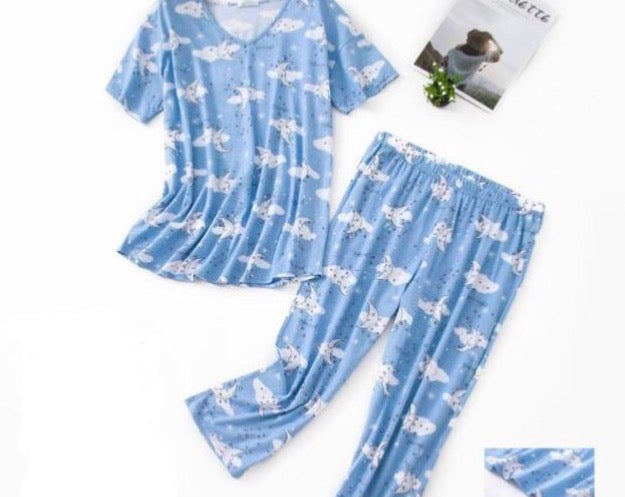 Women's Pajamas Cotton Top + Capris Elastic Waist Size S-3XL