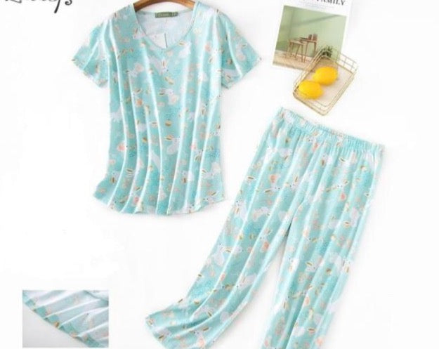 Women's Pajamas Cotton Top + Capris Elastic Waist Size S-3XL
