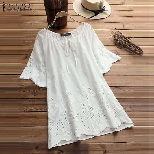 Women's Embroidery Hollow Floral Half Sleeve Tunic  Summer Top Size L-2XL