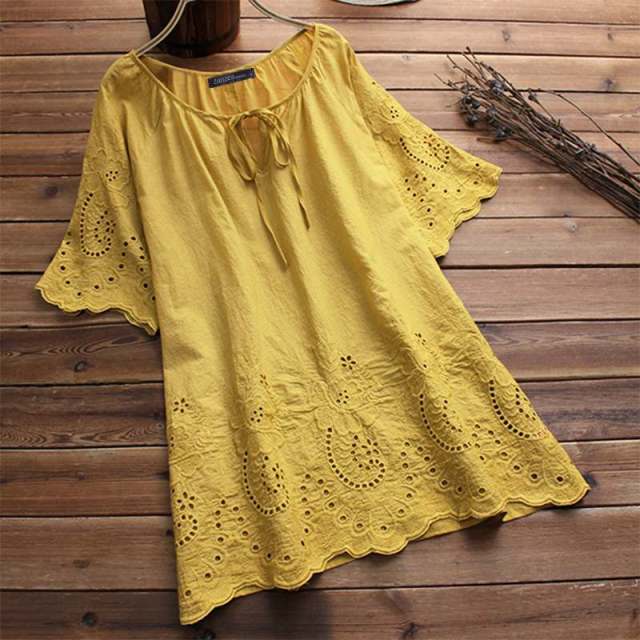 Women's Embroidery Hollow Floral Half Sleeve Tunic  Summer Top Size L-2XL