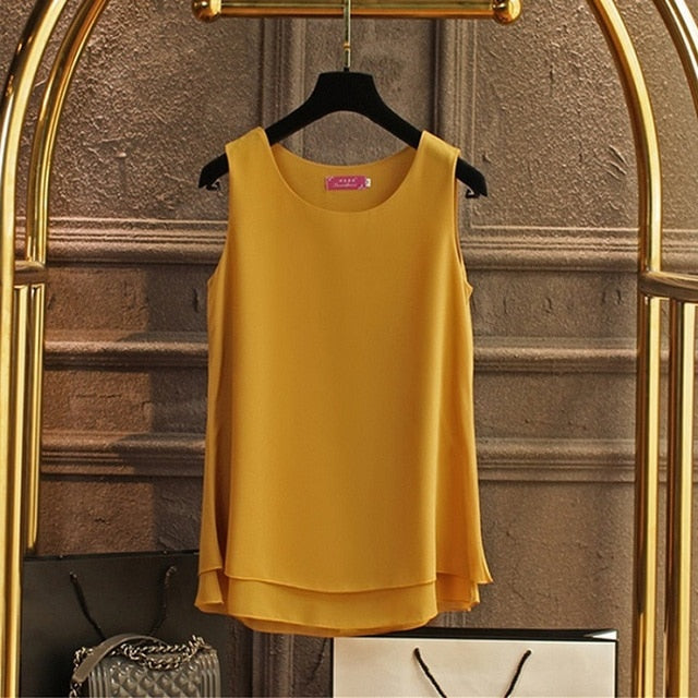 Women's Chiffon Sleeveless O-Neck Casual Solid Color Blouse Size S-6XL