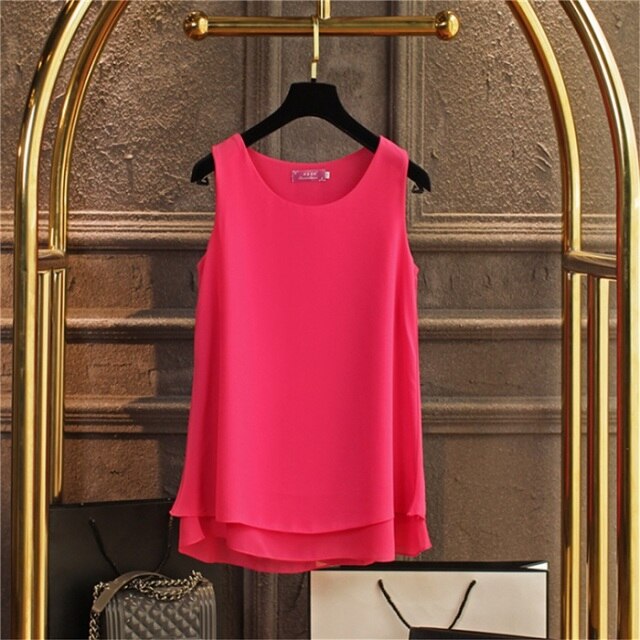 Women's Chiffon Sleeveless O-Neck Casual Solid Color Blouse Size S-6XL